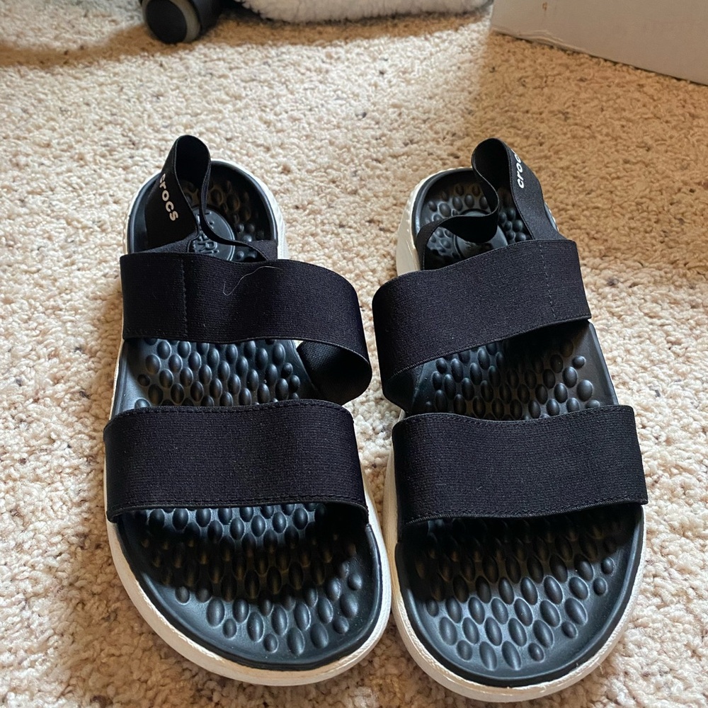 Black and white crocs sandals size 10